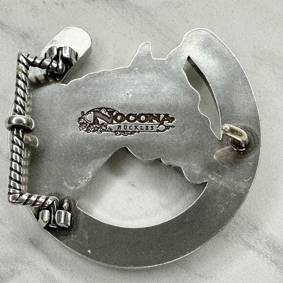 Nocona Rhinestone Horse Horseshoe Western Belt Buckle Silver Tone ✨ - Picture 12 of 16